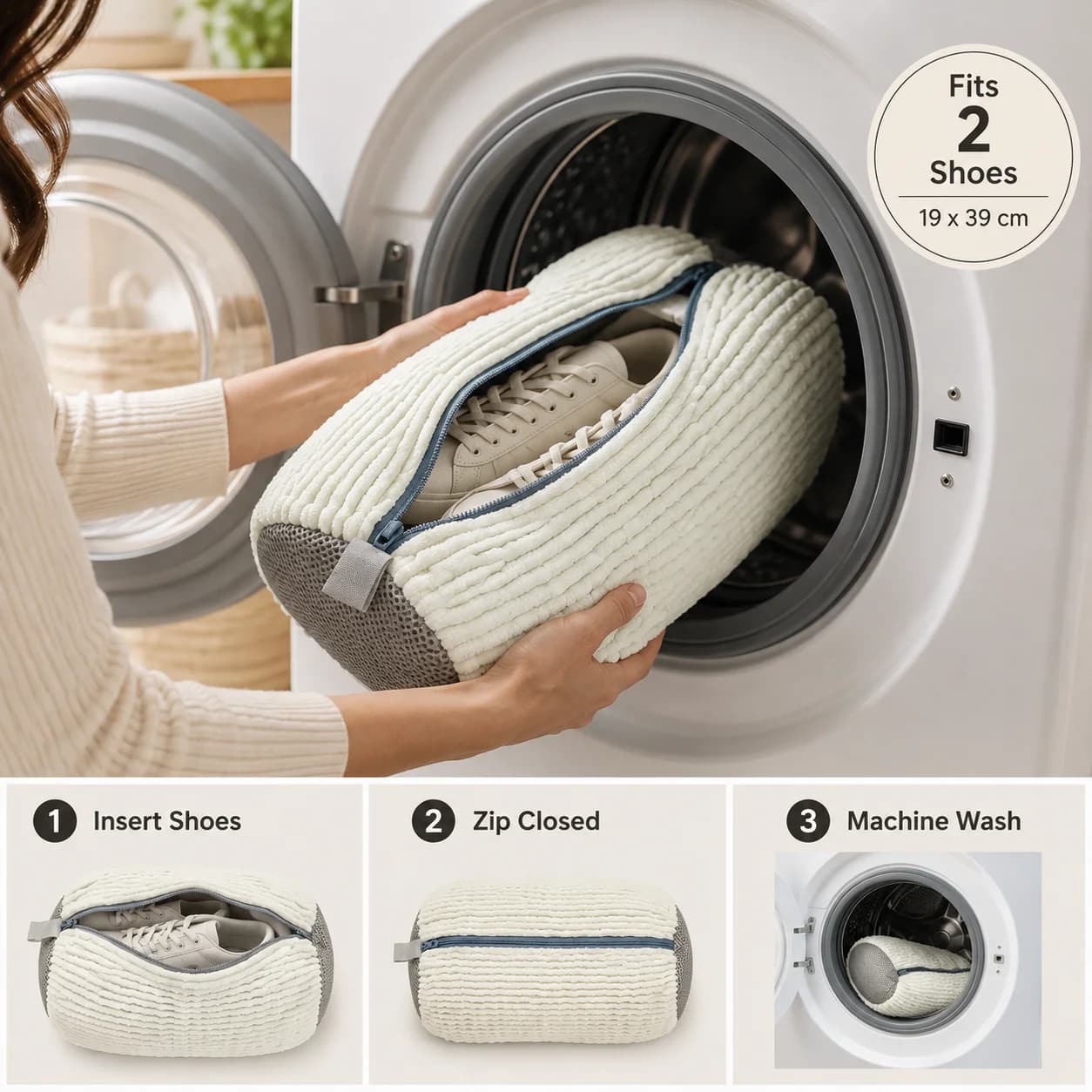 Washing machine shoe bag, fluffy fiber keeps 360 ° clean in all directions, durable zipper reusable sports shoe laundry bag, ov