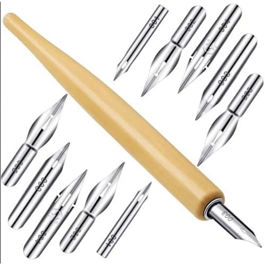 11 Pieces Comic Pen Nib Set, G Ink Pen Nib Stainless Steel Drawing Calligraphy with Wooden Holder for Writing, Painting, Signin