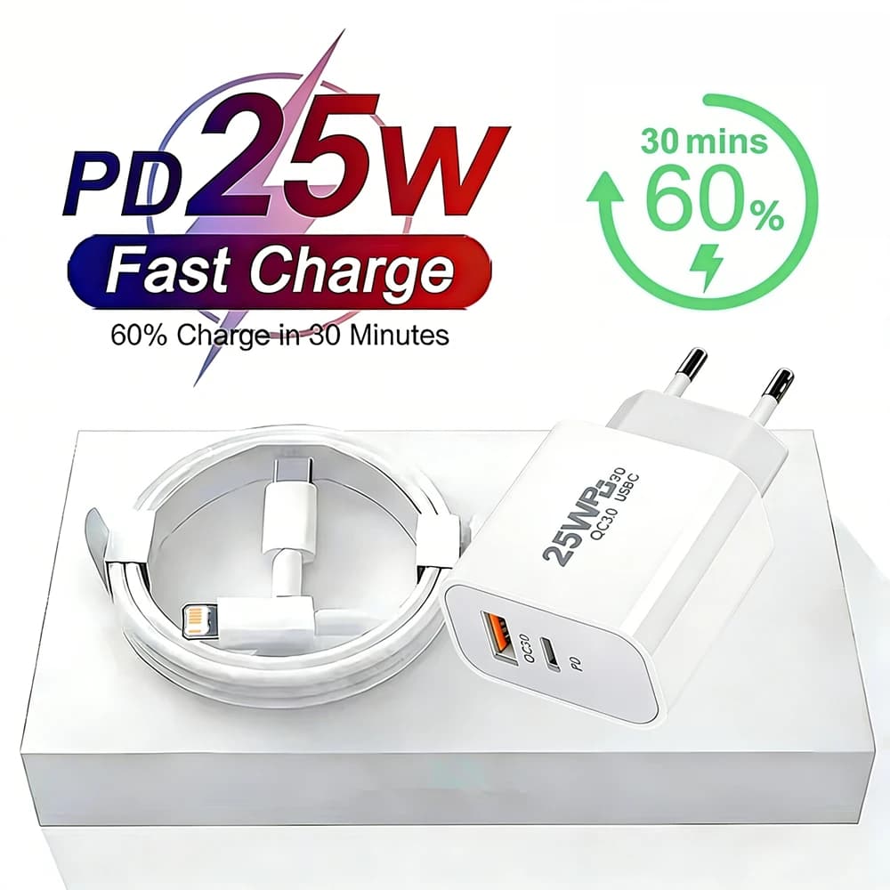Caricabatterie rapido EU da 25W PD per iPhone 11 12 13 Mini 14 Pro Max X XR XS Max 6S 7 8 Plus SE 2020 con cavo USB-C da 1m 1.5m 2m