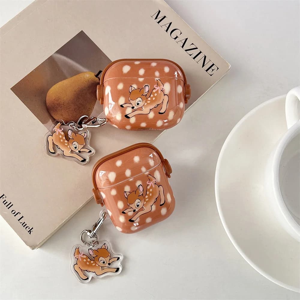 Custodia Protettiva Antiurto Kawaii Bambi con Charm per Auricolari Apple Airpods 4 3 2 e Airpods Pro 2 Pro 3