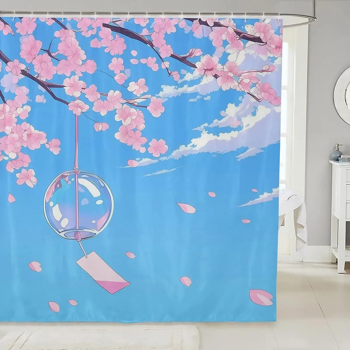 Japan Pink Sakura Shower Curtain with Hooks,Cartoon Wind Chimes Waterproof Bathroom Curtains,Cherry Blossom Shower Accessories