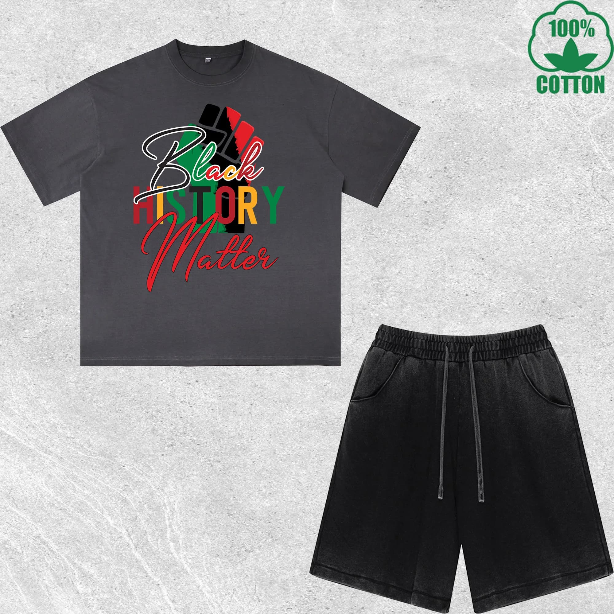 Set T-shirts and Shorts Printed Black History Delavé effect, Wide fit, Trendy and Fashion, 100% Cotton, Convenience Pack