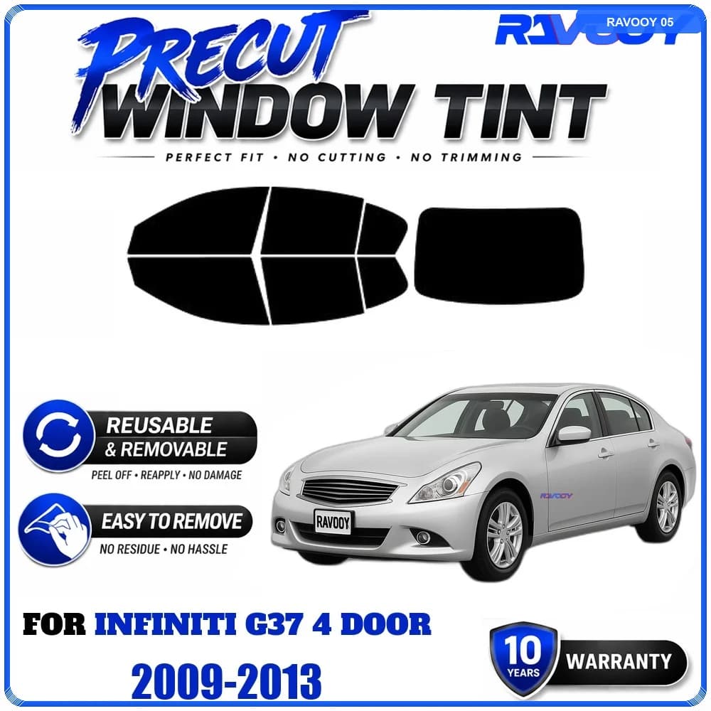 RAVOOY Precut Window Tint, Reusable Removable EPU Film, Custom Fit for Infiniti G37 4 Door 2009-2013, UV Heat Protection
