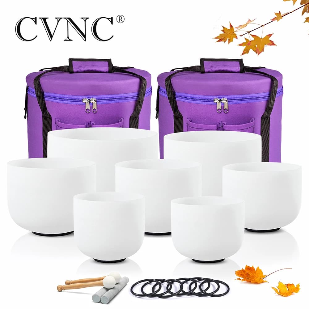 CVNC 7-12" Frosted Quartz Crystal Singing Bowls Chakra Set of 7pcs CDEFGAB Note for Sound Healing and Meditation with Carry Bags
