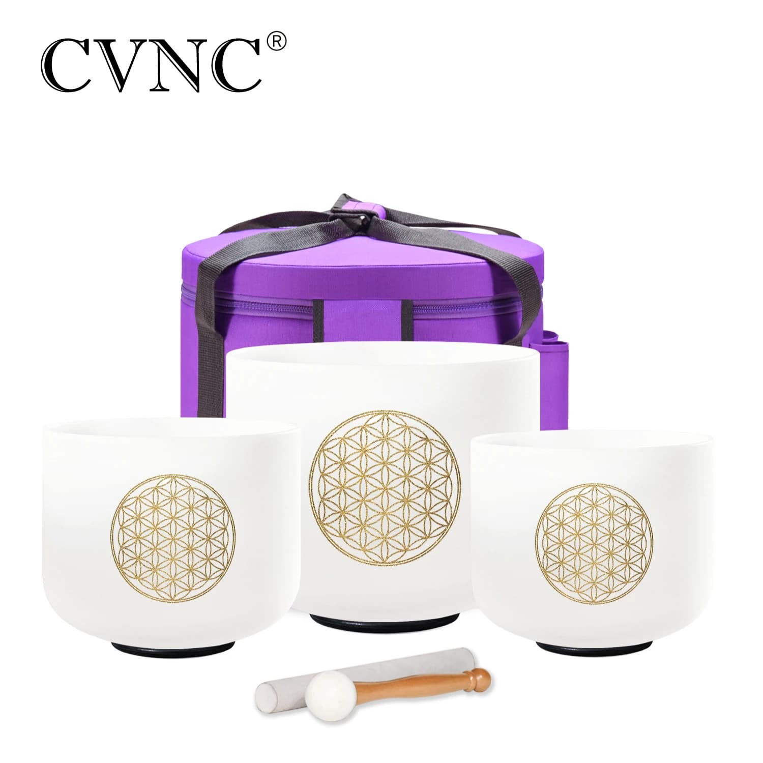 CVNC 8"A 10"F 12"C Flower of Life Frosted Quartz Crystal Singing Bowls Chakra Set of 3pcs for Sound Healing with Bag