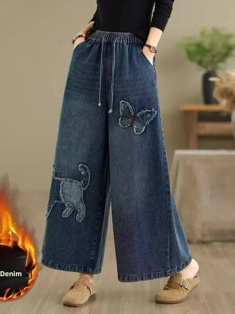 Women's Embroidered Fleece Lined Thick Denim Jeans Casual Elastic Waist Loose Fit Slimming Wide Leg Pants Vintage Style