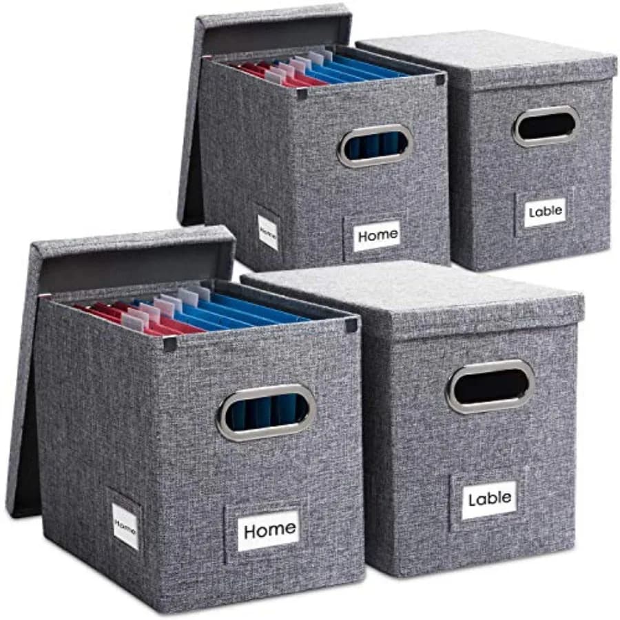 Set di 4 Scatole Organizzatrici per Documenti - Contenitori Decorativi Pieghevoli in Lino con Coperchi per Archiviazione e Archivio