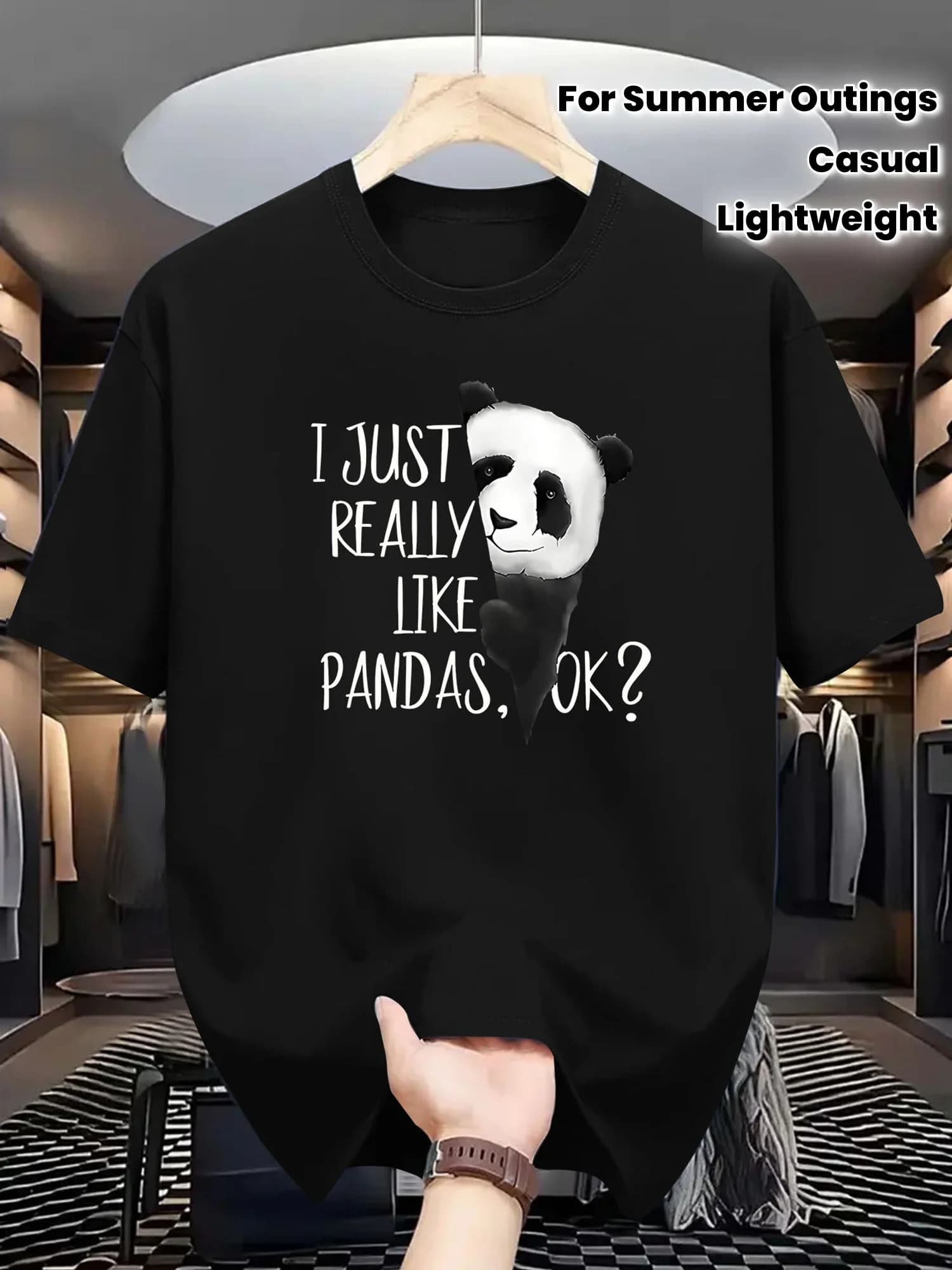"I Just Really Like Pandas, Okay?" T-shirt grafica casual nera a maniche corte con stampa panda, poliestere leggero