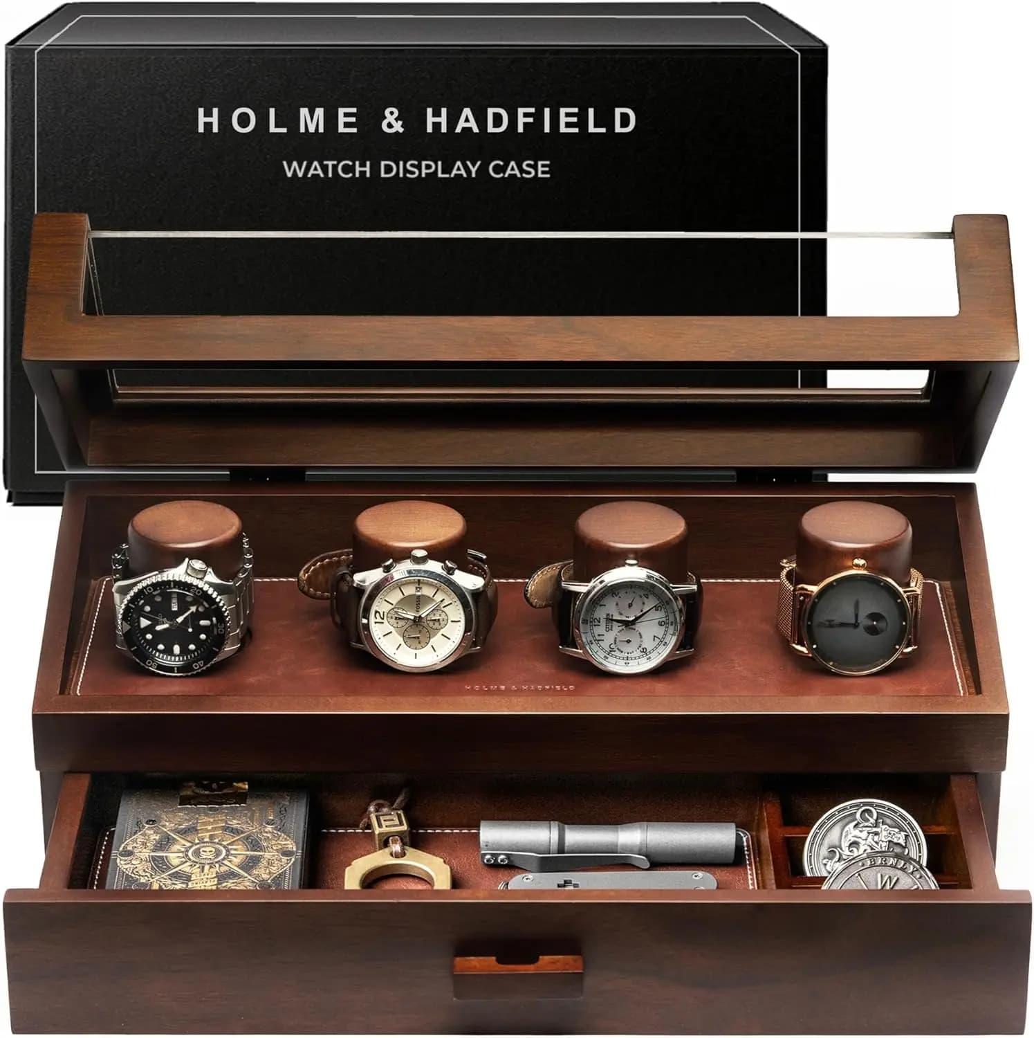 Scatola portaorologi in legno con coperchio a cerniera, rivestimento in pelle e cassetto – Esposizione e conservazione per uomo