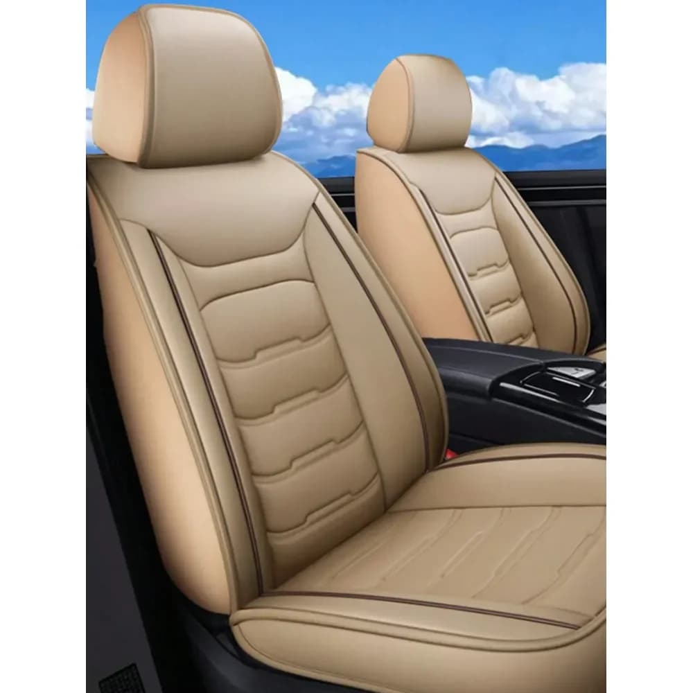 Coprisedili Auto Universali in Ecopelle Beige Chiaro con Cuciture Scure, Set Completo per 5 Posti, Protezioni per Sedili Auto