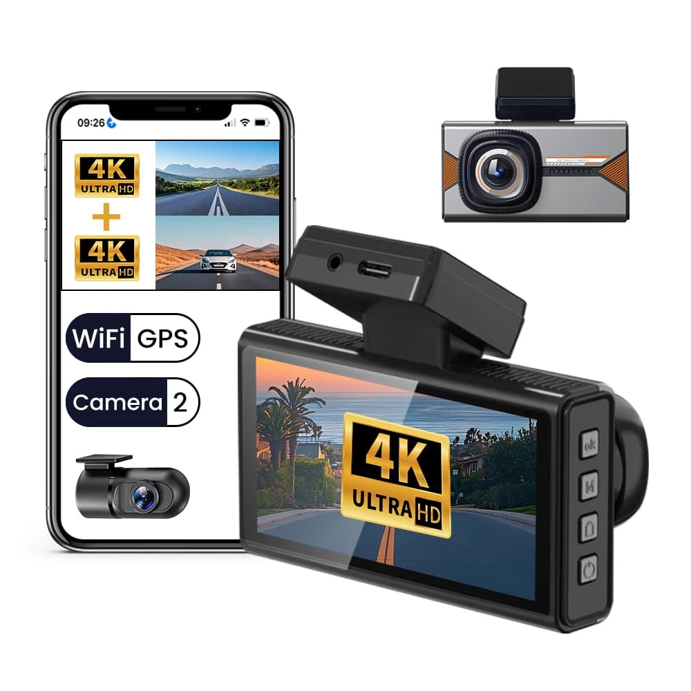 Dash Cam 4K+4K con Doppia Lente, Schermo da 3 Pollici, Ultra HD, Videocamera DVR per Auto con WIFI, GPS, APP, Visione Notturna, WDR, Registratore Video e Monitoraggio Parcheggio 24H