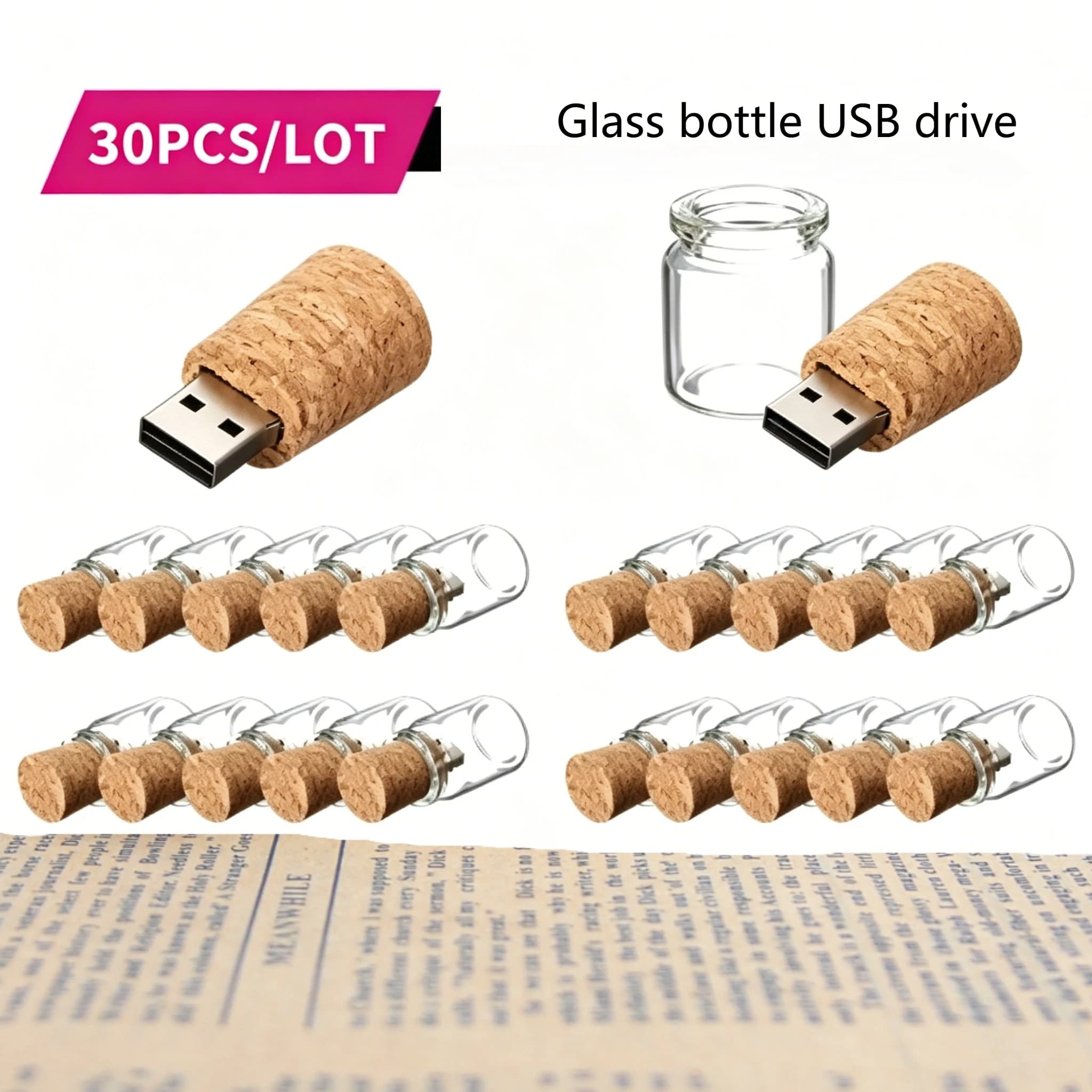 30 Pezzi/Lotto Chiavetta USB 2.0 in Bottiglia di Vetro con Logo Personalizzato Gratuito, Pen Drive per Regali di Matrimonio e Fotografia, Memoria USB 64GB/32GB/16GB/8GB