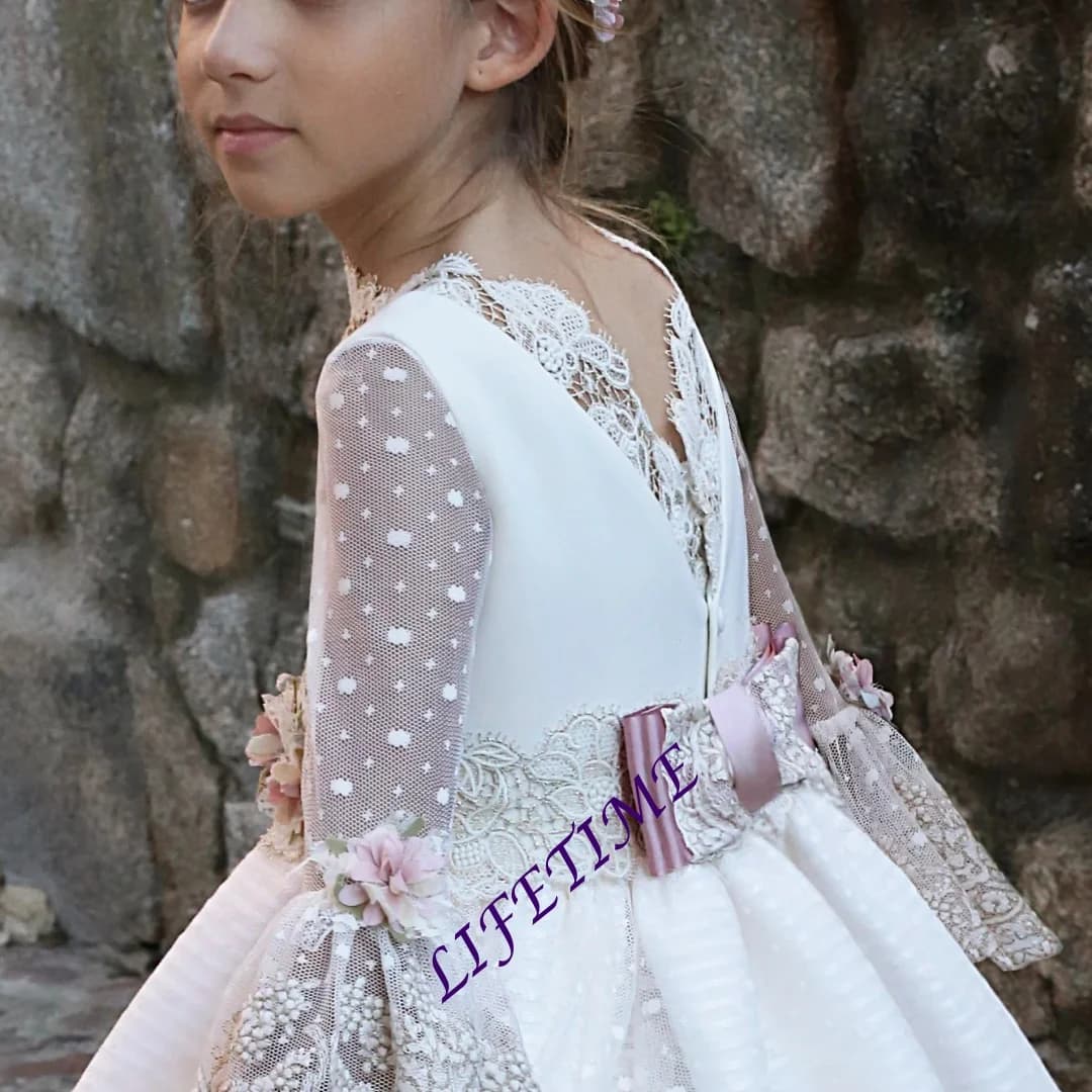 Abiti da Comunione Personalizzati per Bambina, Vestito con Maniche in Pizzo, Linea ad A Stratificata, Fiorellato, con Cintura a Fiocco, Ricamato, Stile Boho, per Compleanno