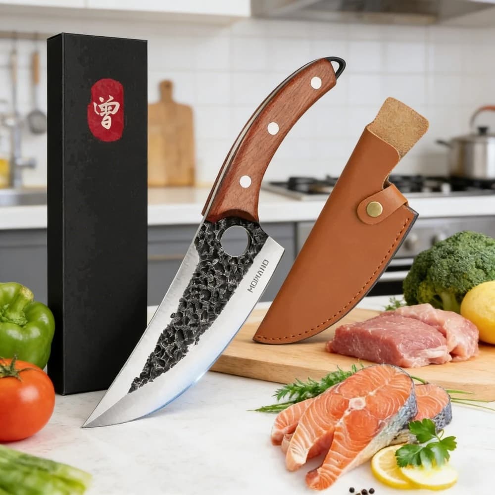Coltello a Doppia Lama Curva, Manico in Legno Marrone, Fodero in Pelle, Elegante Confezione Regalo, Coltello Professionale da Cucina