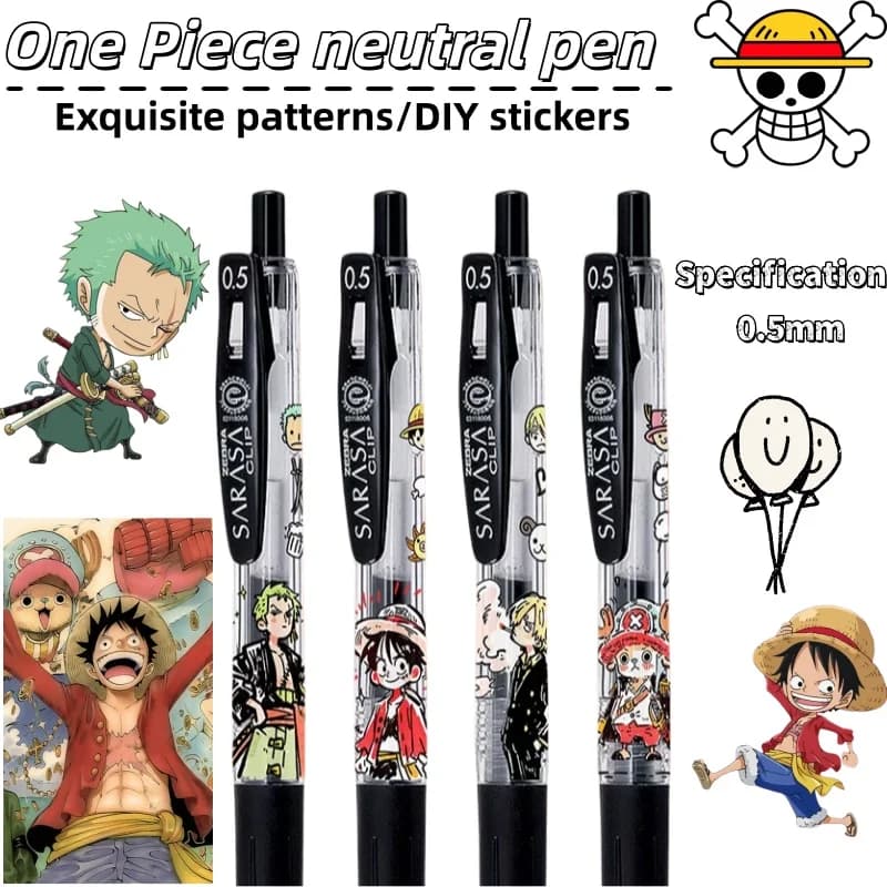 One Piece anime gel pen DIY stickers, black pen featuring Luffy, Zoro, and Chopper, retractable 0.5mm bullet tip black pen