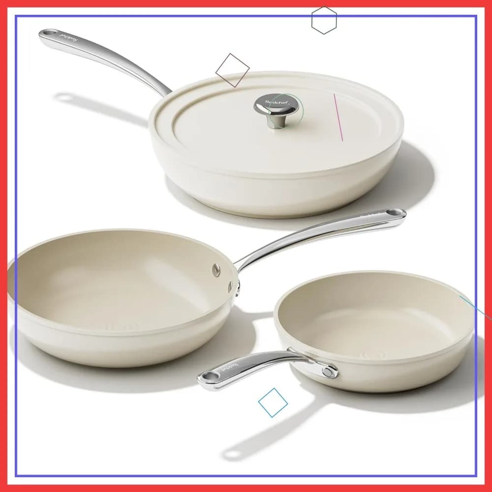 Set di Padelle Antiaderenti in Ceramica 4 Pezzi, Senza PFAS e PFOA, Lavabili in Lavastoviglie, Beige Bianco