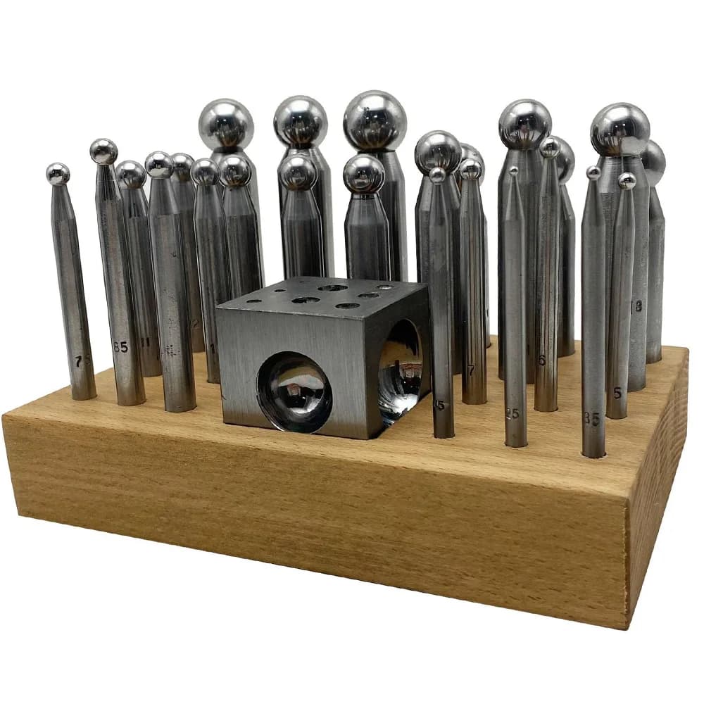 25 pezzi di alta qualità in acciaio Dapping Punch Doming Block punzoni Kit per gioielli perline rotonde in metallo che formano realizzazione con Base in legno