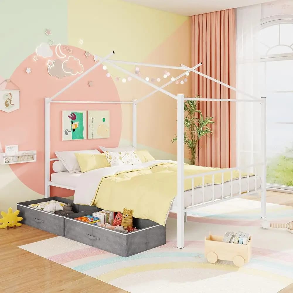Metal bed frame Natural-size white Montessori with drawers, headboard and platform, suitable for children and adolescents, without box Spri