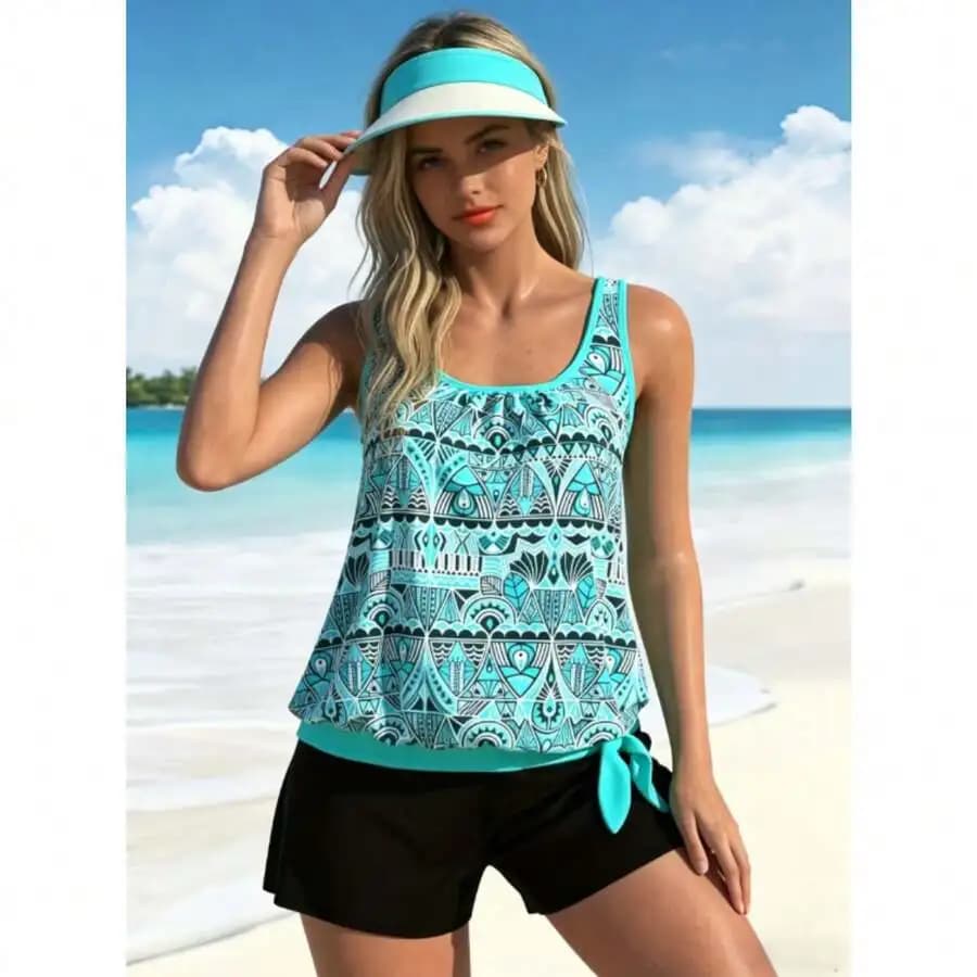 Costume da bagno tankini con stampa geometrica e pantaloncini, senza maniche, scollo rotondo, controllo della pancia, per donna