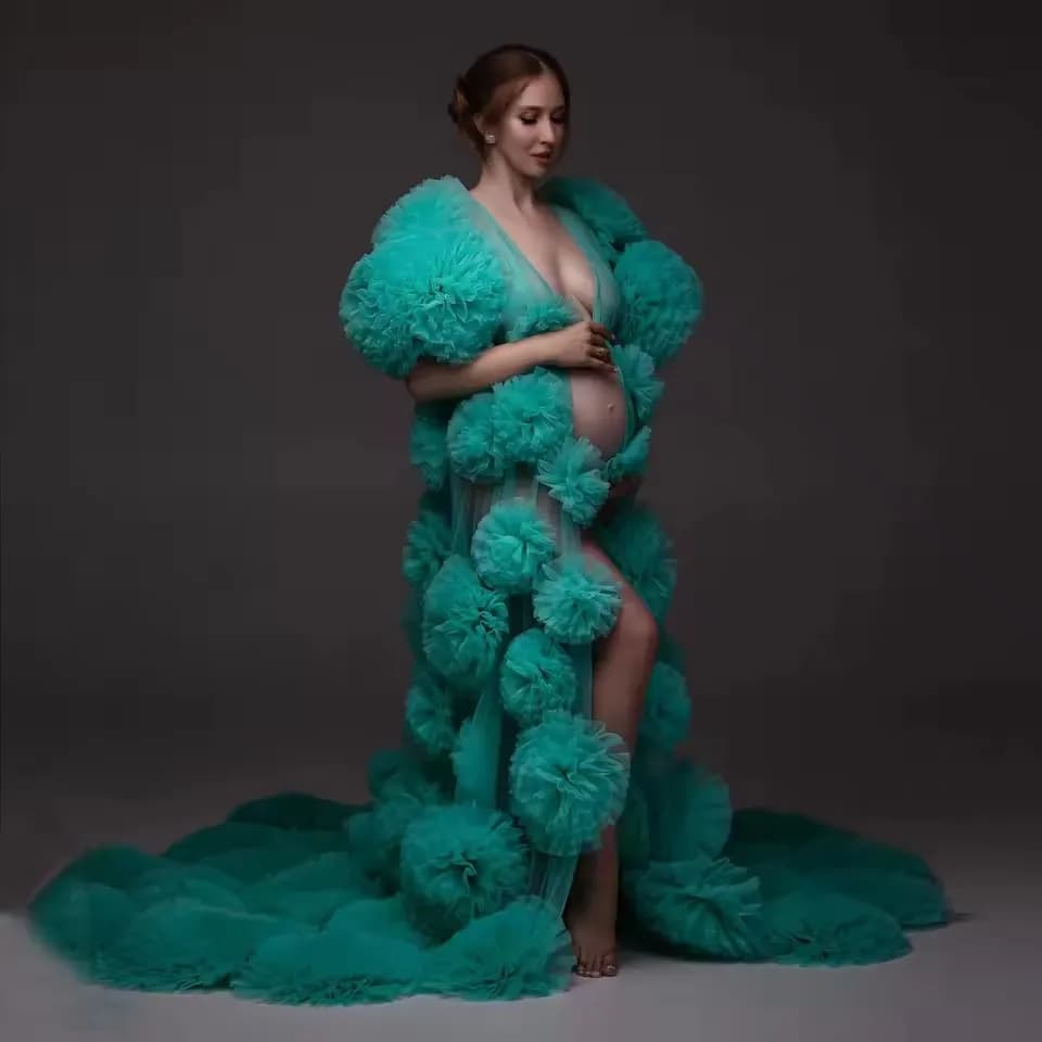 Elegant Maternity Dresses with Fairy Flowers for Photo Service Women's Mantle Long Coat Tulle Jacket Wedding Dresses with Large Flowers