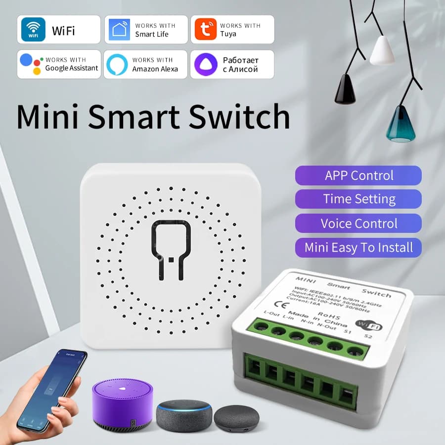 MINI 16A WiFi switch, 2 Vie Remote Control, Compatible with Alexa, Google Home and Alice