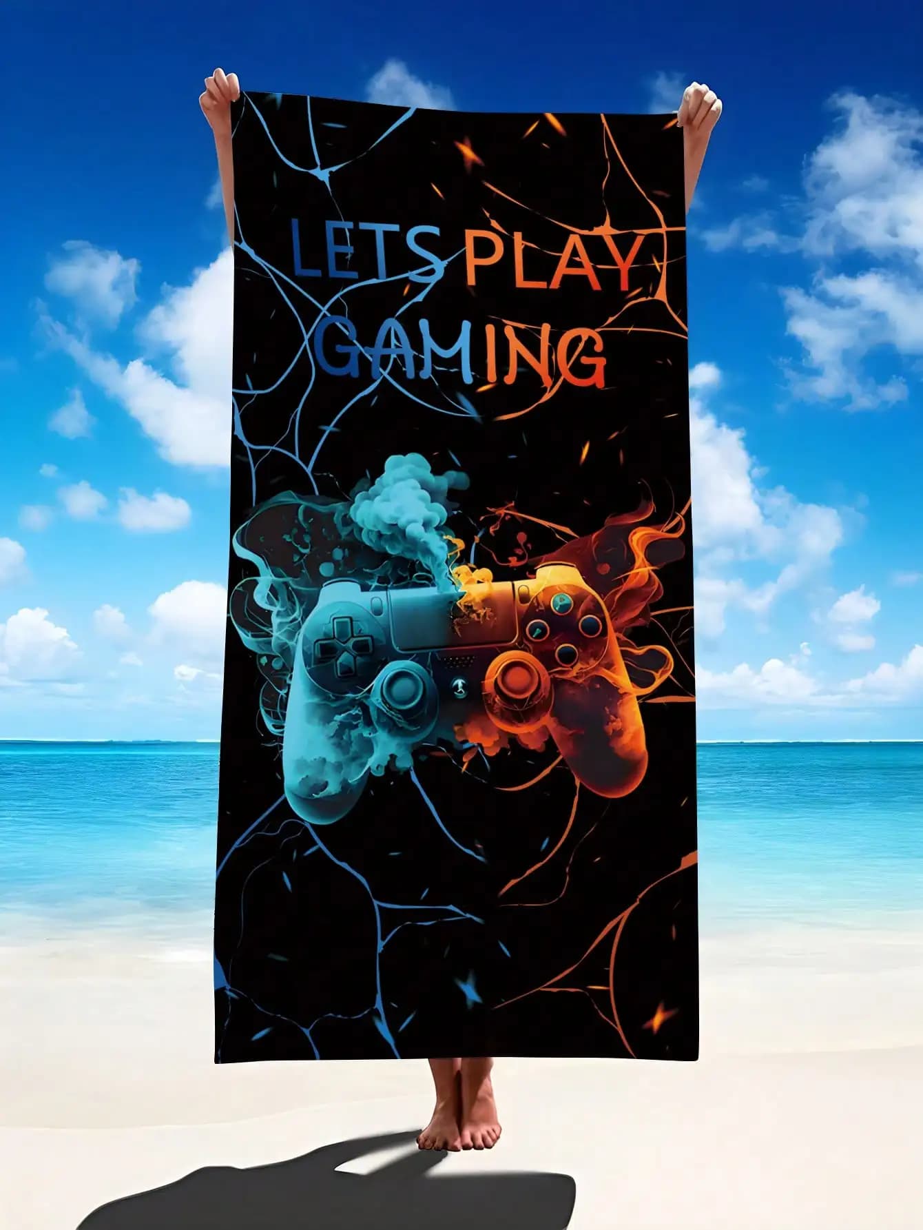 Asciugamano da spiaggia con motivo a forma di controller di gioco, protezione solare, antivento, adatto per piscine, campeggio e viaggi.