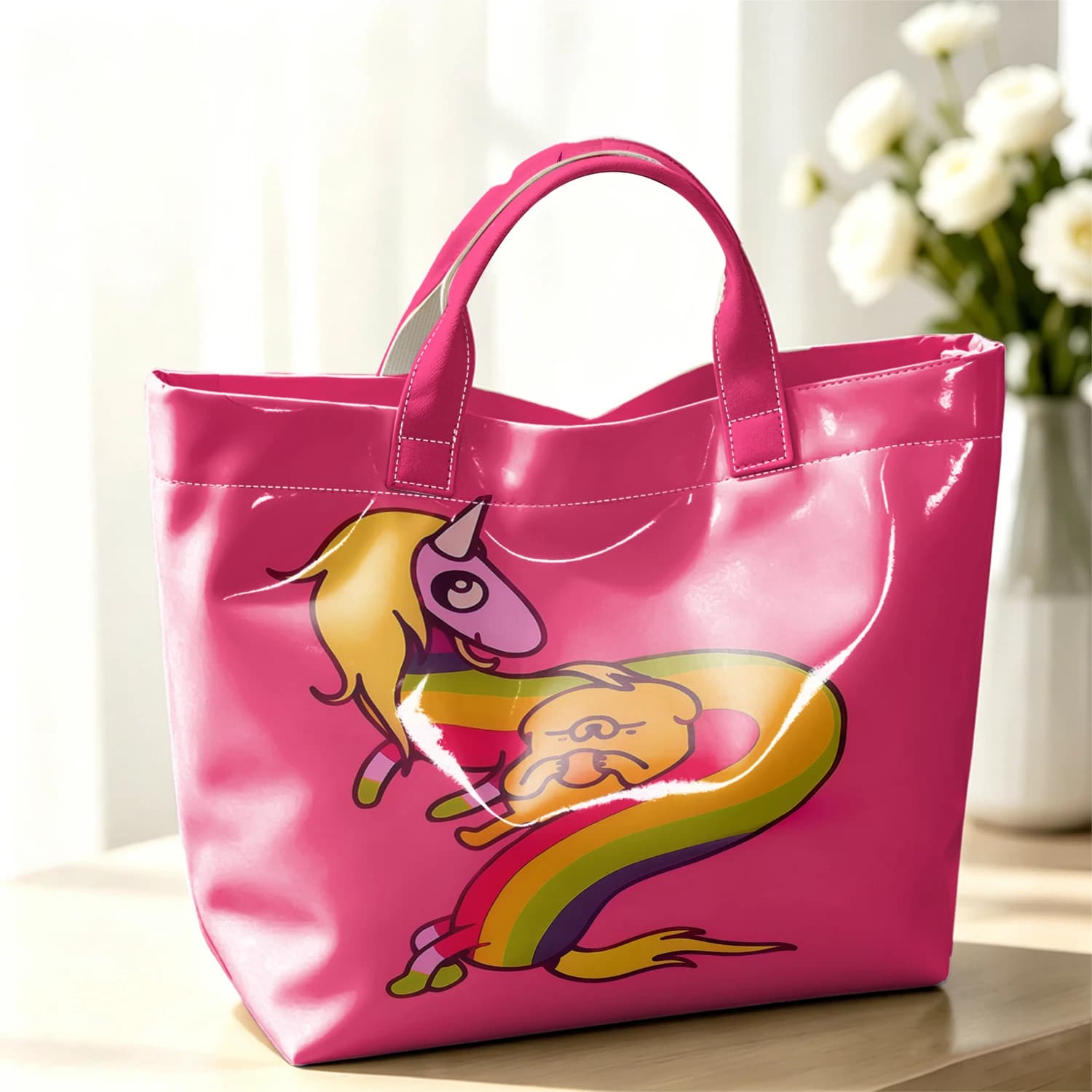 Rainbow Unicorn Dog Cute Large Glossy PVC Tote Bag Hand Washable Lightweight Soft for Travel Commute Makeup Storage Handbags