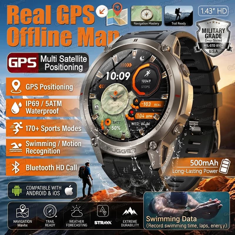 Nuovo Smartwatch GPS 2026 per Uomo con Mappe Offline, Bussola, Funzioni Sportive e Fitness, Chiamate Bluetooth, Monitoraggio Salute, Impermeabile 5ATM, Braccialetti per Nuoto