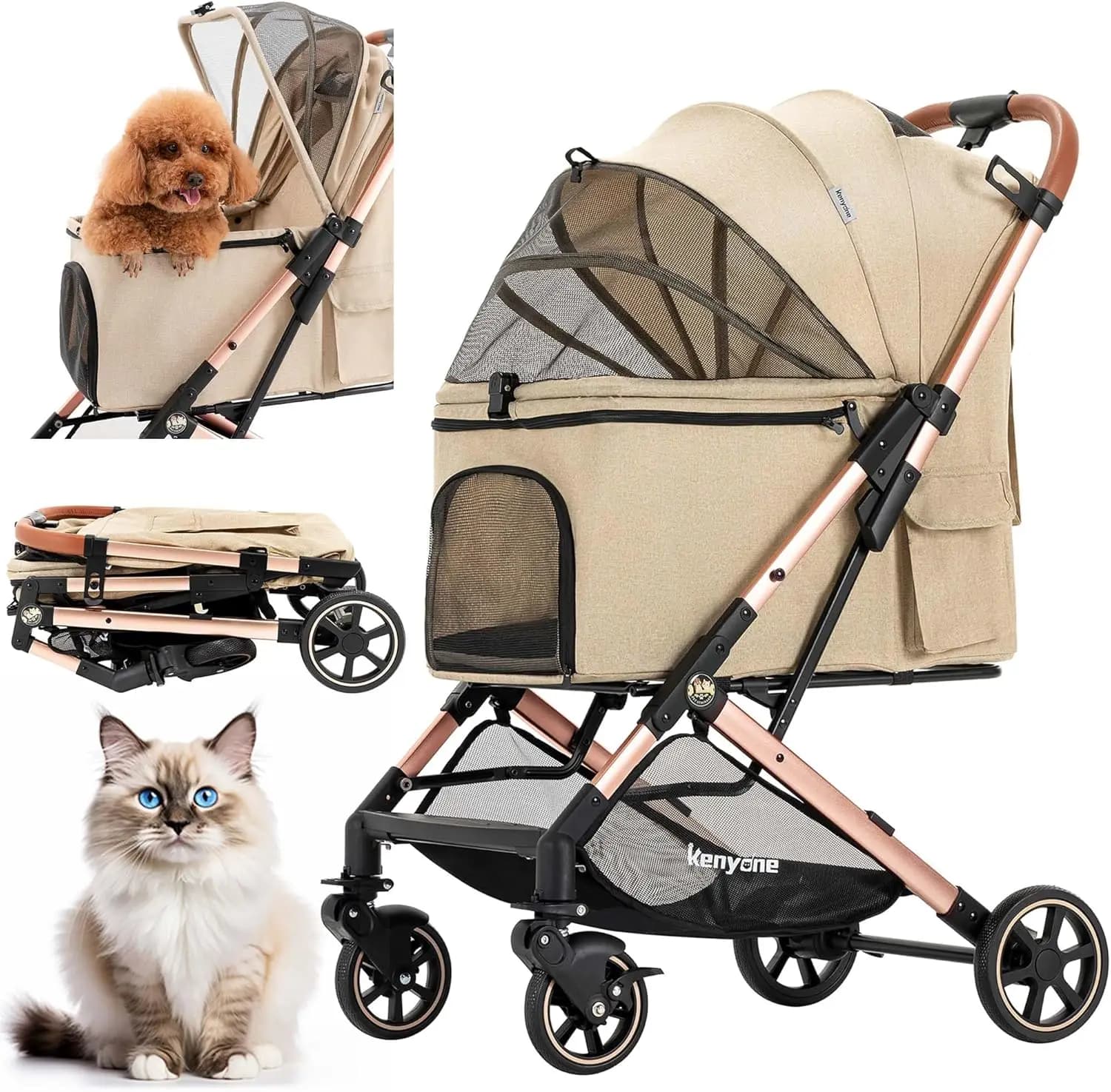Passeggino Leggero per Cani e Gatti di Taglia Media fino a 25 kg, Chiusura con Un Clic, Senza Cerniera, Rete Rimovibile