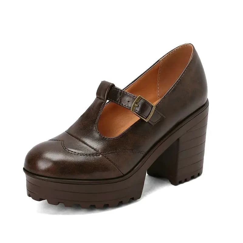 Women's Shoes Brogue Design Autumn Spring Buckle T-strap Mary Janes Brown Color Platform Bordeaux Women's Decolleté With Big Heel