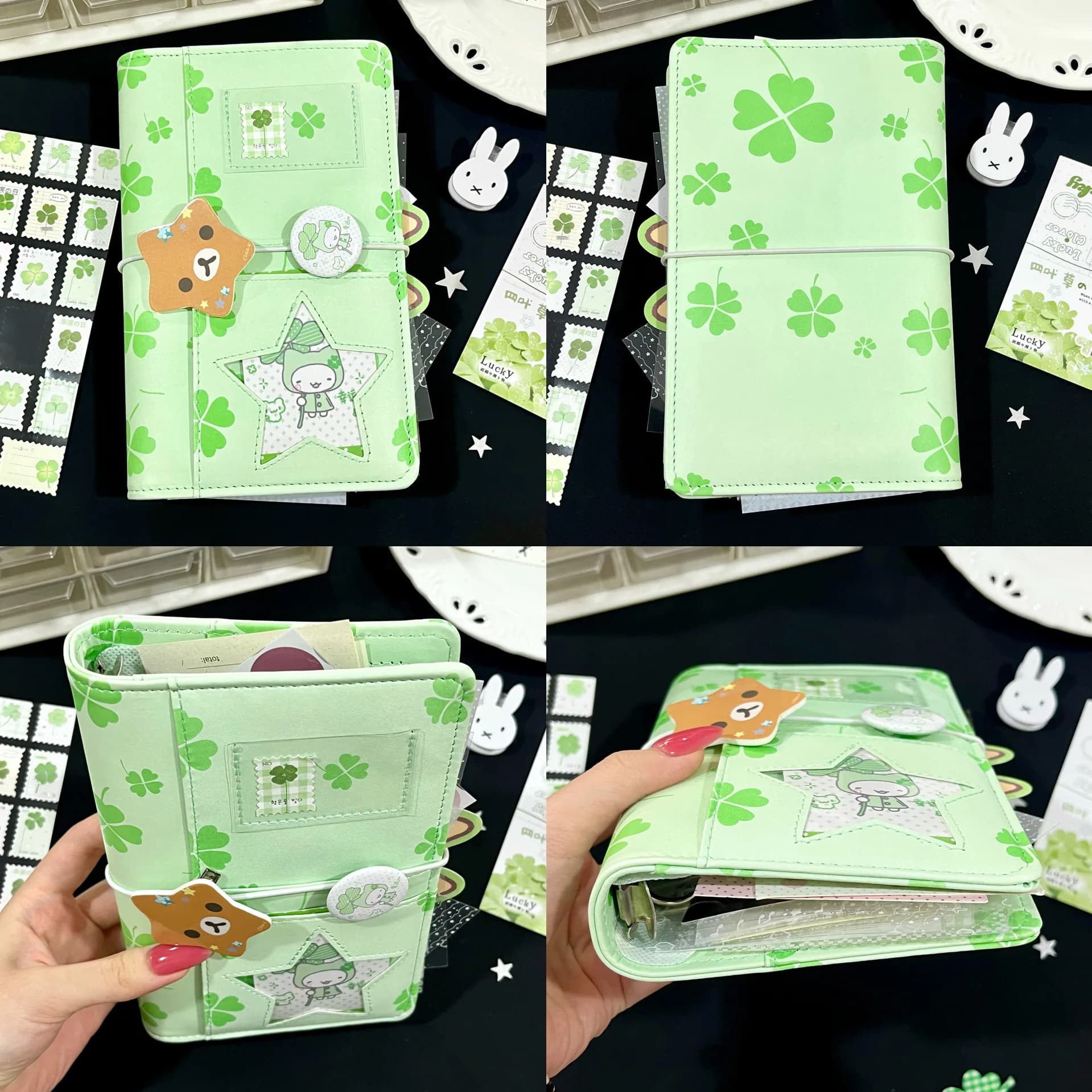 A6 Green Four-Leaf Clover Loose-Leaf Notebook for Students Portable Diary Journal Sketchbook Notebook