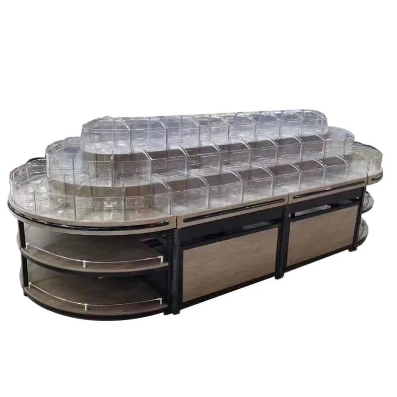 Scaffale per gondola in legno per supermercato, frutta secca, caramelle