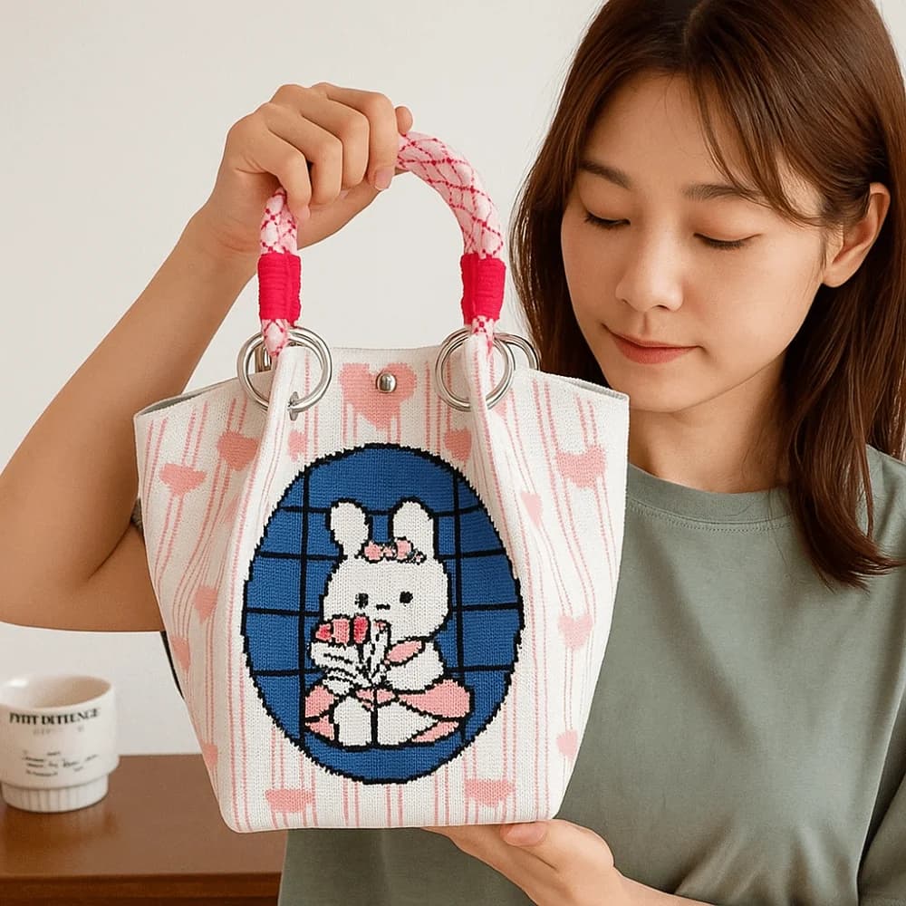 Simpatico gatto lavorato a maglia borsa tote orso fiocco cartone animato borsa lavorata a maglia borsa in tessuto borsa a secchiello in lana pendolarismo