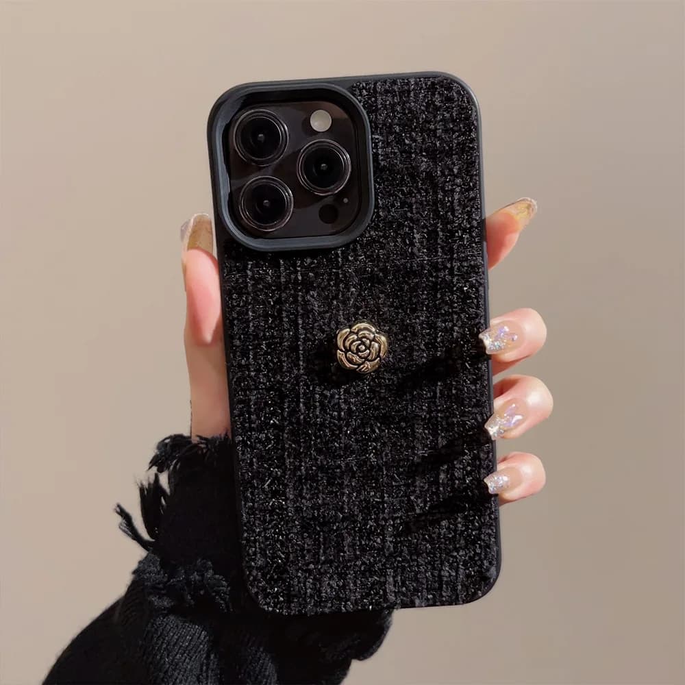 Custodia per telefono di lusso con fiori di camelia dorati 3D per iPhone 17 Air 16 15 14 13 12 11 Pro Max, in tessuto tweed di lana antiurto
