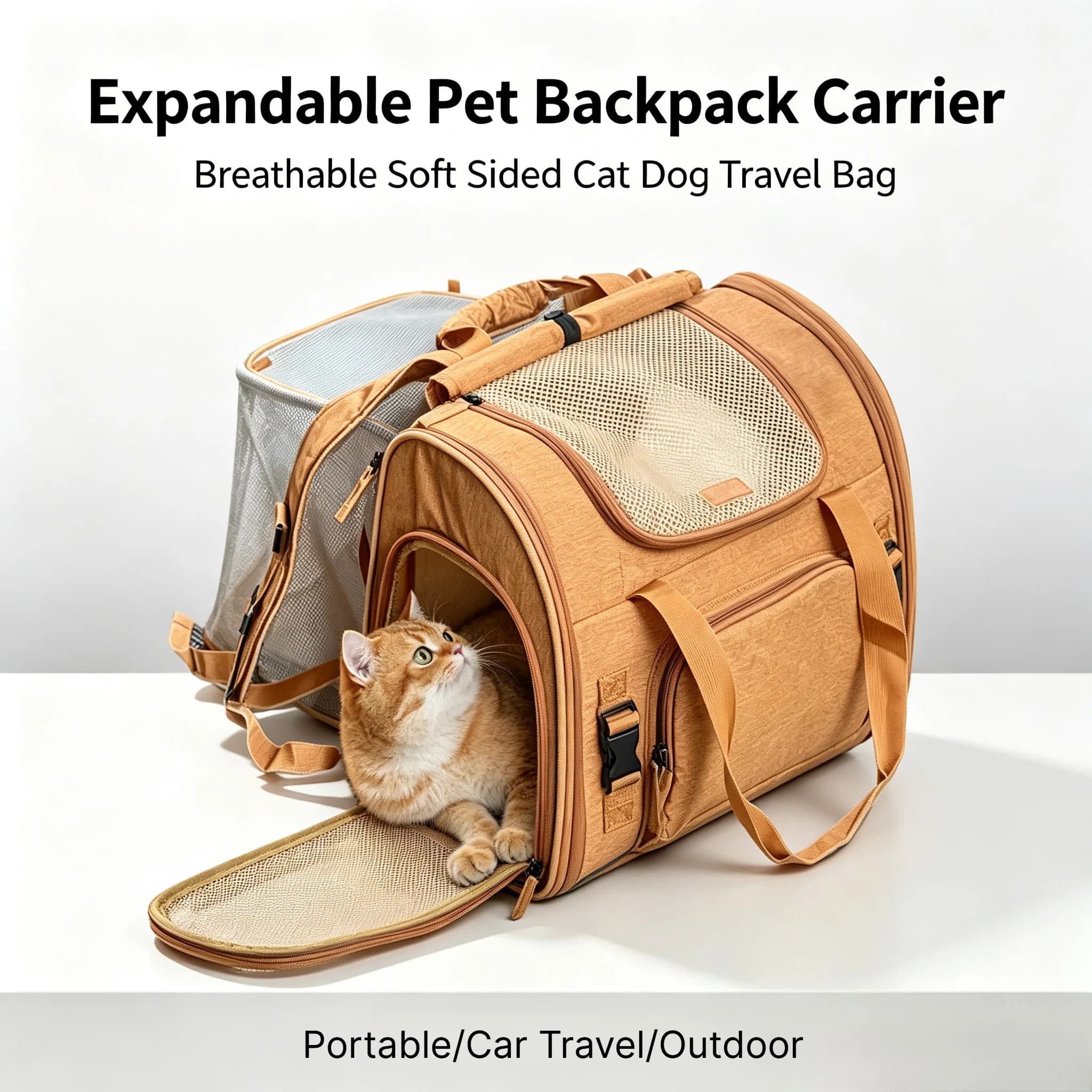 Portable Expandable Pet Backpack Carrier, Breathable Soft Cat Dog Travel Bag with Inner Mat, Car Pet Carrier for Outdoor Travel