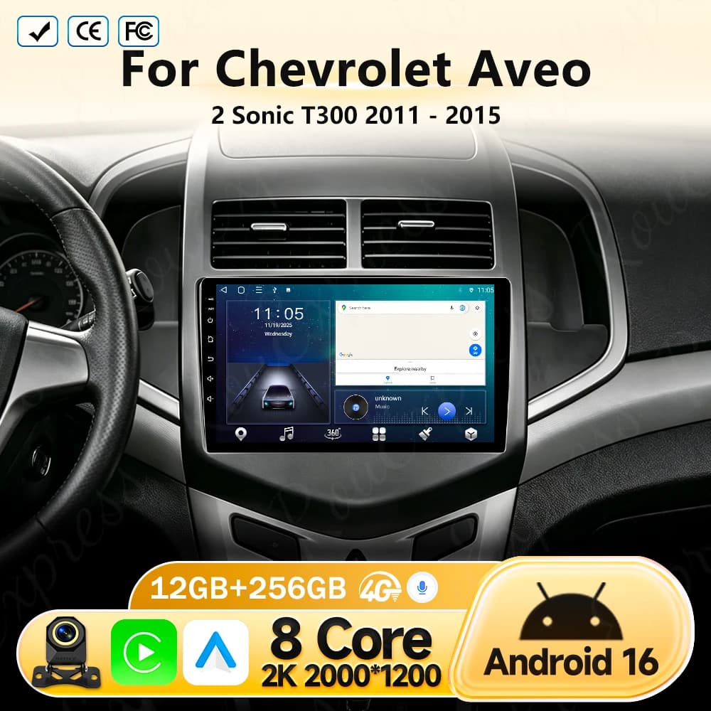 Autoradio Android 16 con Carplay per Chevrolet Aveo 2 Sonic T300 2011-2015, GPS, Stereo, Lettore Multimediale 2din con DSP