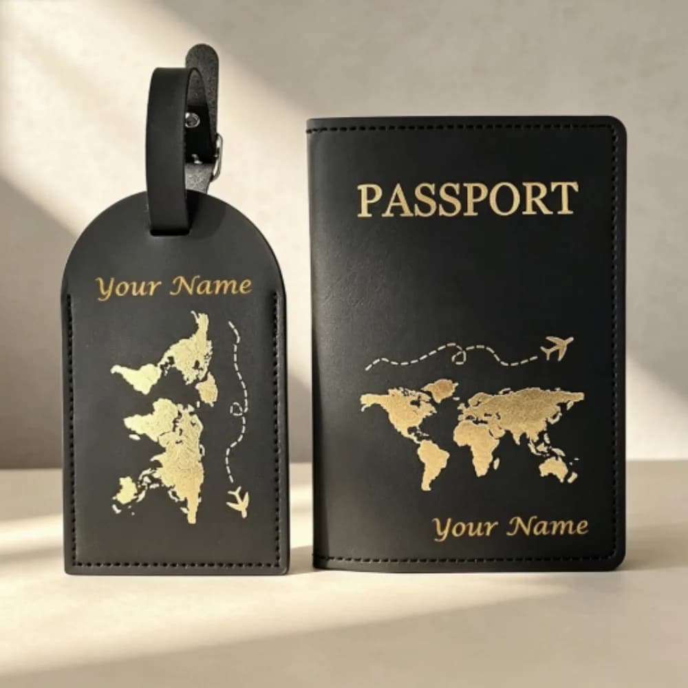 Personalized Girl & Cat Plane Passport Holder, Adorable Cartoon Style, Premium Faux Leather Travel Wallet Cover