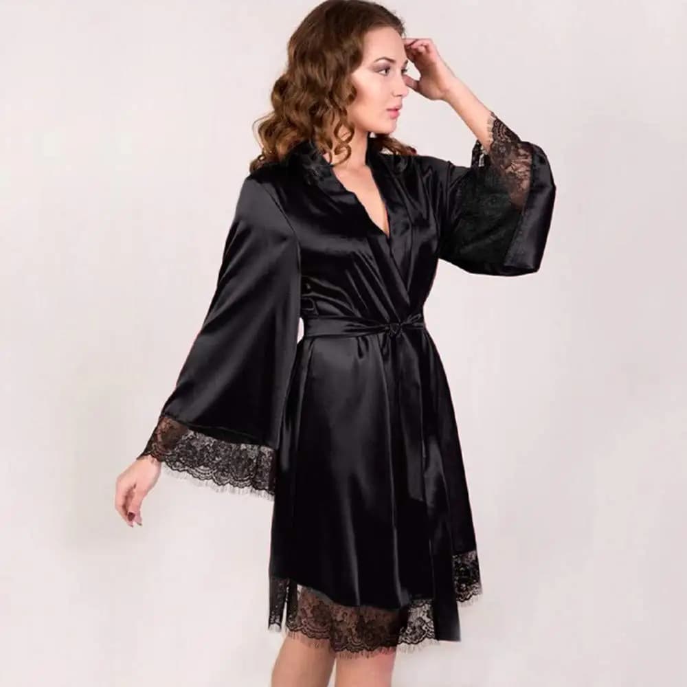 Sexy woman's Kimono, lace dressing, satin night shirt, bride's, bride's, with adjustable belt, comfortable loungewear
