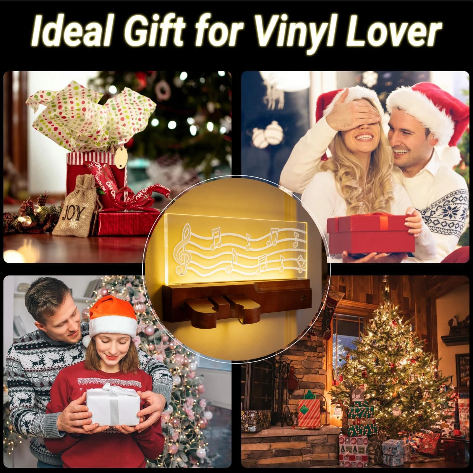 Supporto da Parete per Chitarra con Luci LED, Design Note Musicali, Porta Plettri, Espositore in Legno per Chitarra Acustica, Elettrica, Basso e Ukulele