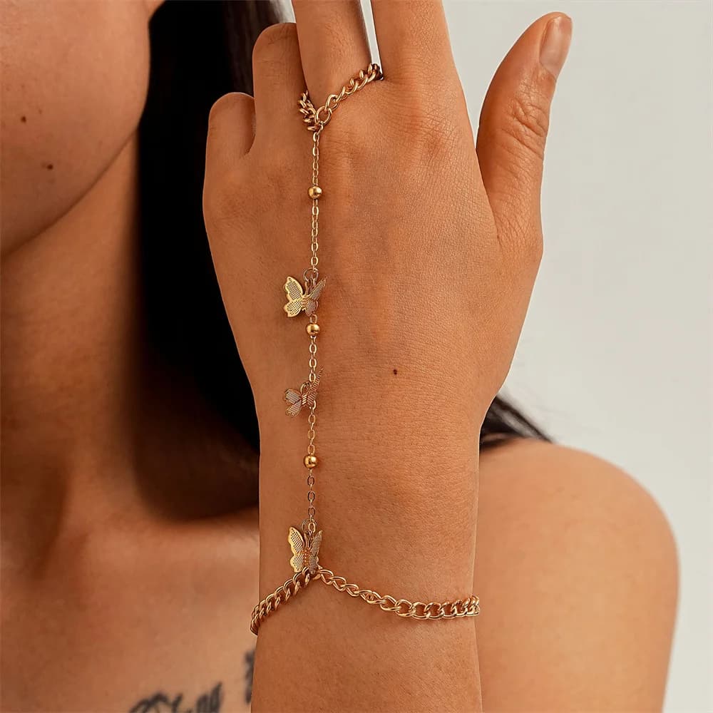 Hot Selling Golden Butterfly Pendant Ring Bracelet Women's Trendy Fashionable Versatile Simple Light Luxury Finger Chain Jewelry