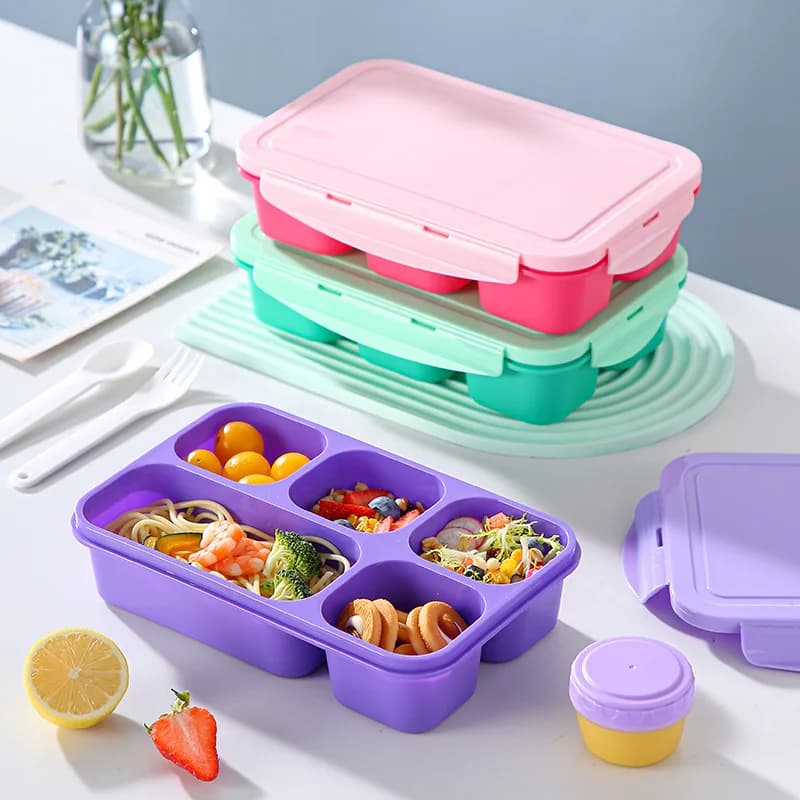 Set Porta Pranzo a 5 Scomparti, Contenitore Bento Ermetico con Vasetto per Salse, Cucchiaio e Forchetta, Contenitore per Alimenti per Studenti, Lavabile in Lavastoviglie