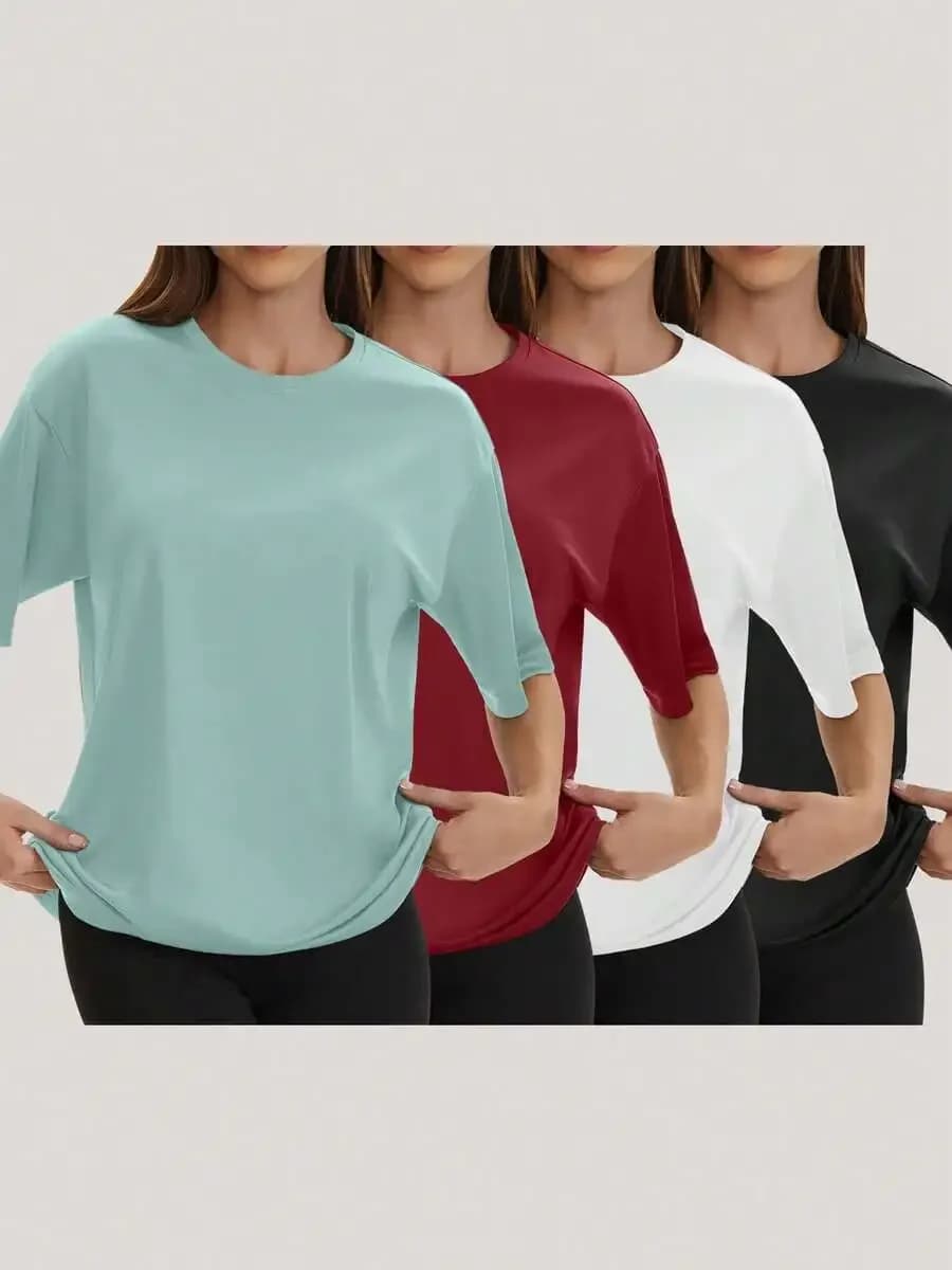Confezione da 4 magliette oversize a girocollo per donna, ad asciugatura rapida e traspiranti, ideali per l'allenamento