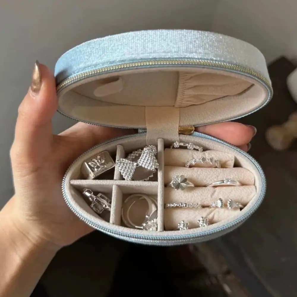 Mini portagioie portatile in velluto ovale retrò per anelli, orecchini, bracciali, collane, scatola da viaggio con cerniera