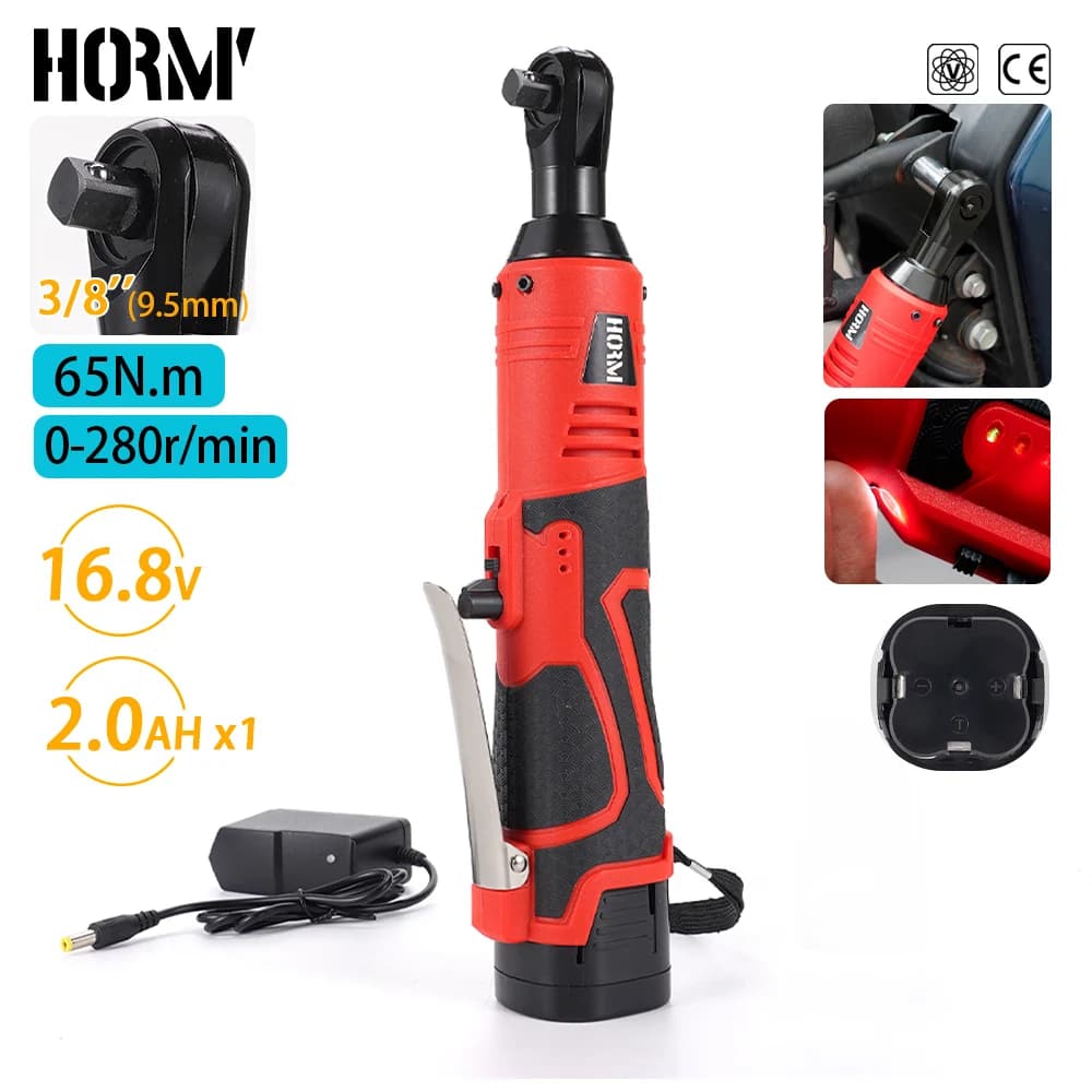 Hormy Chiave a cricchetto ad angolo retto da 16,8 V Cacciavite elettrico a batteria da 3/8 pollici per riparazione auto 65N.m Strumento multifunzionale per rack da palco