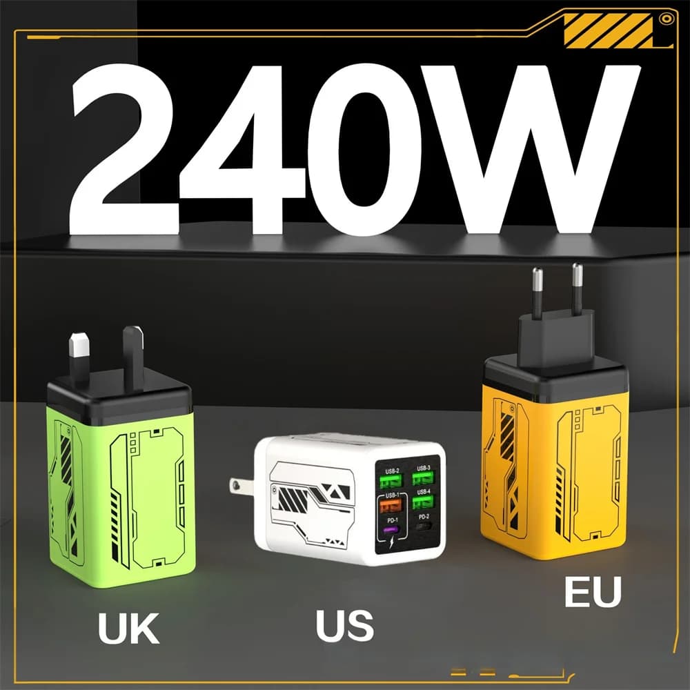 240W Quick Charge 3.0 6 Ports Type C USB Phone Charger USB C Charger Fast Charging Adapter For iPhone 15 Samsung Xiaomi Huawei