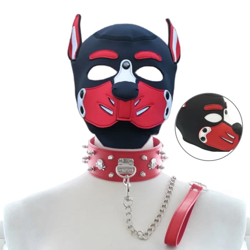 Fascino erotico Cappuccio colorato per cani con schiavo Bondage Rivetti Trazione Collare da gioco per animali domestici per coppia BDSM Cosplay Flirtare Giocattolo adulto del sesso