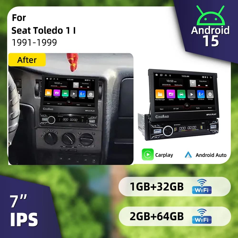 7" Telescopic Screen Android 1 Din Car Stereo for Seat Toledo 1 I 1991-1999 CarPlay Multimedia Radio Autoradio GPS Headunit