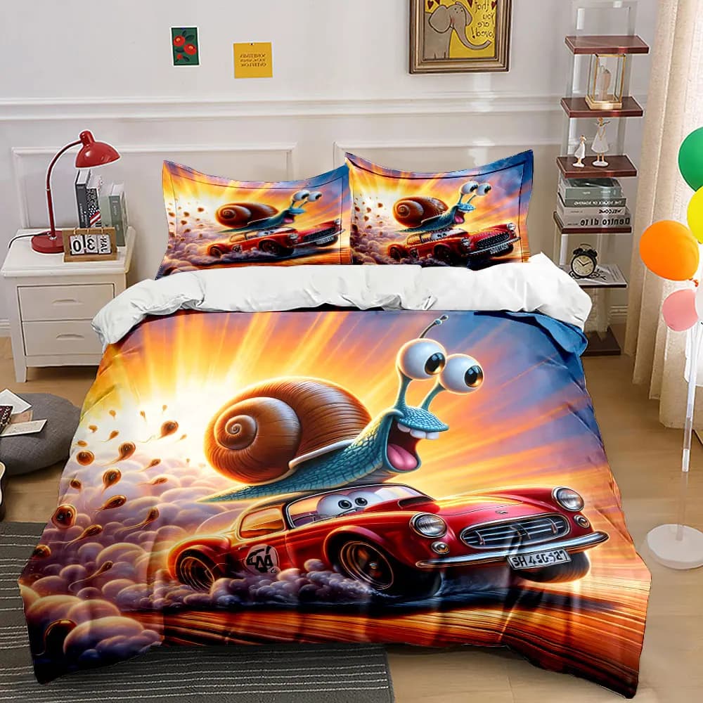Set copripiumino con motivo conchiglia da corsa su auto rossa, stampa digitale, biancheria da letto colorata in poliestere con chiusura a cerniera, per regali per bambini
