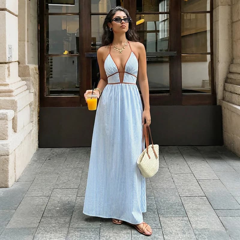Sexy Elegant Halter Dress Women Summer Stripes Backless Lace-Up Sleeveless Trendy Vacation Dresses Fashion Clothing Vestidos