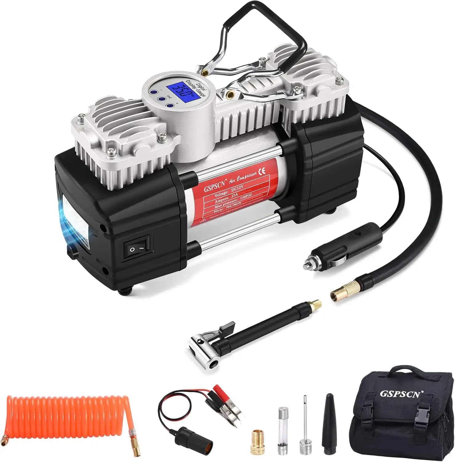 Pompa d'aria per auto portatile per gonfiaggio pneumatici a LED 12V con sgancio rapido e spegnimento automatico 150 PSI per automobili